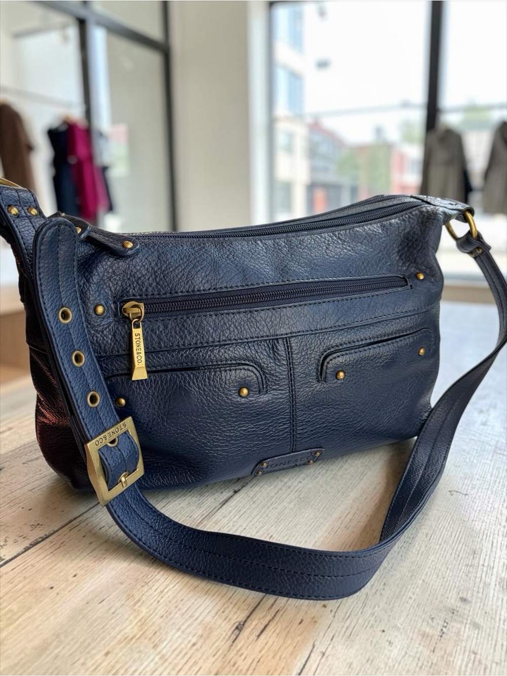 Stone & Co. Navy Leather Shoulder Bag with Gold Hardware
